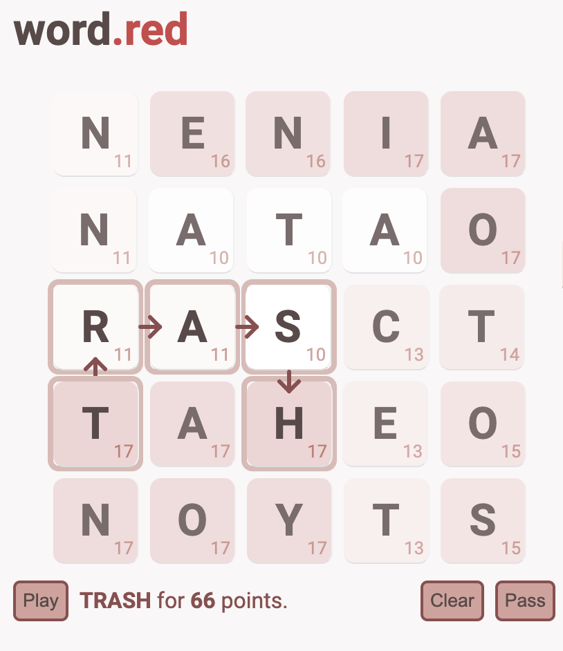 Screenshot of word.red game showing the word 'trash' spelled with adjacent tiles.